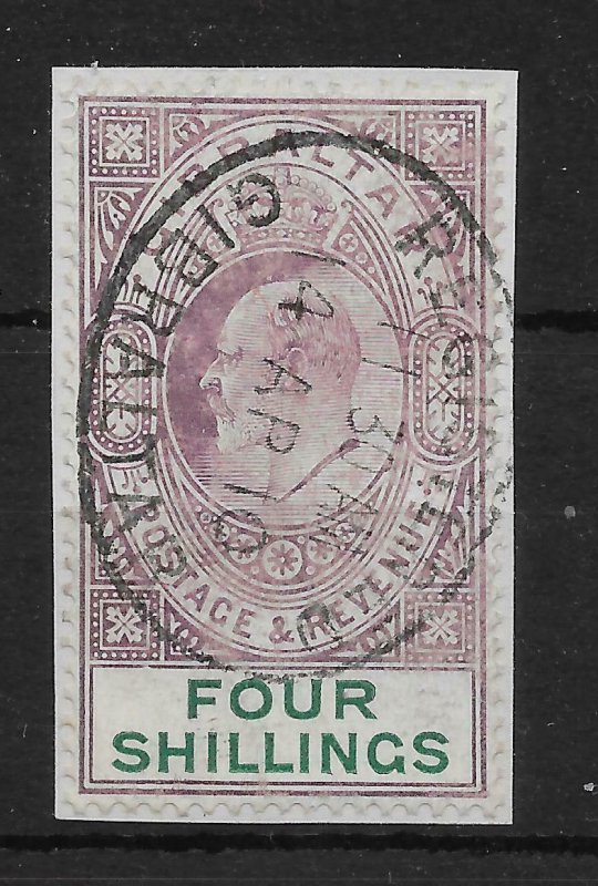 GIBRALTAR SG63 1908 4/= PURPLE & GREEN USED ON PIECE 