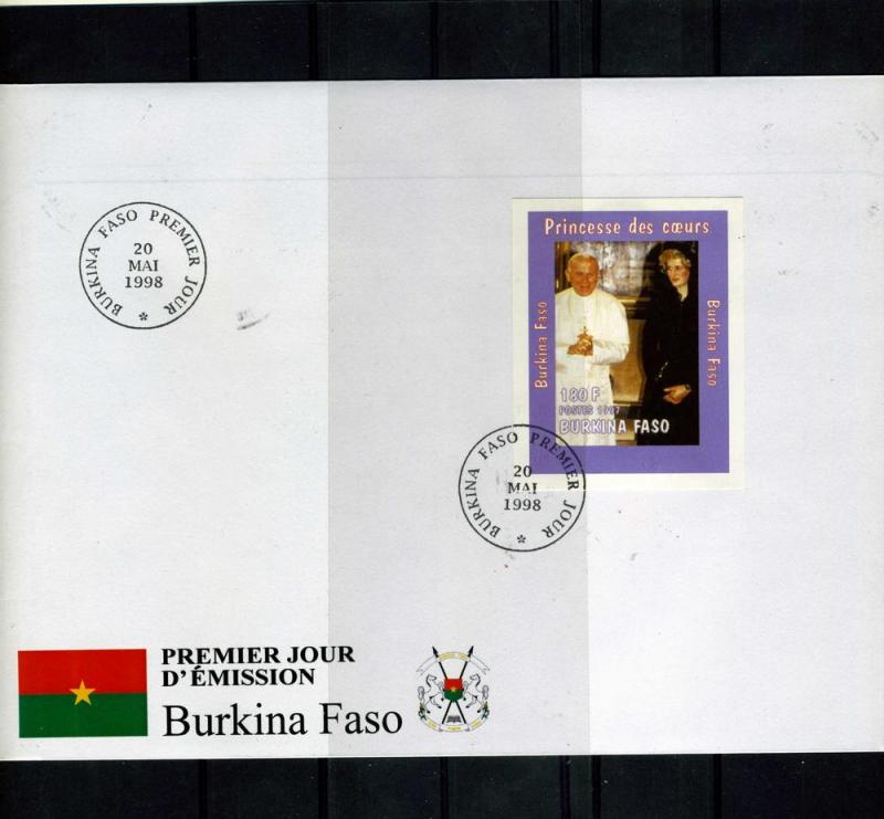 Burkina Faso 1998 Pope John Paul II Princess Diana Deluxe s/s in official FDC