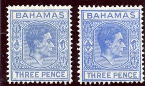 Bahamas 1938 KGVI 3d in two listed shades MLH. SG 154a, 154ab.