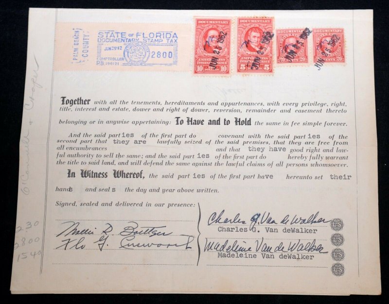 USA WARRANTY DEED Internal Revenue Documentary Stamps 1962 Florida Seal