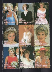 Burkina Faso 1997 Se-tenant Set of 9 Princess Diana, Scott 1127A CTO