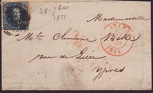 BELGIUM 1851 20c imperf on small lady's cover Anvers to Ypres...............7411