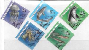 Russia 1991  Set of 5 marine animals. sea anemones. fish. porpoise.