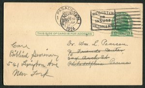 1924 Postal Card Pasadena to Philadelphia Forwarded NY Quaker Orphanage Notice
