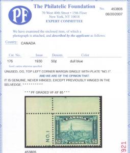 Canada #176 NH Mint Plate Single **With Graded Certificate**