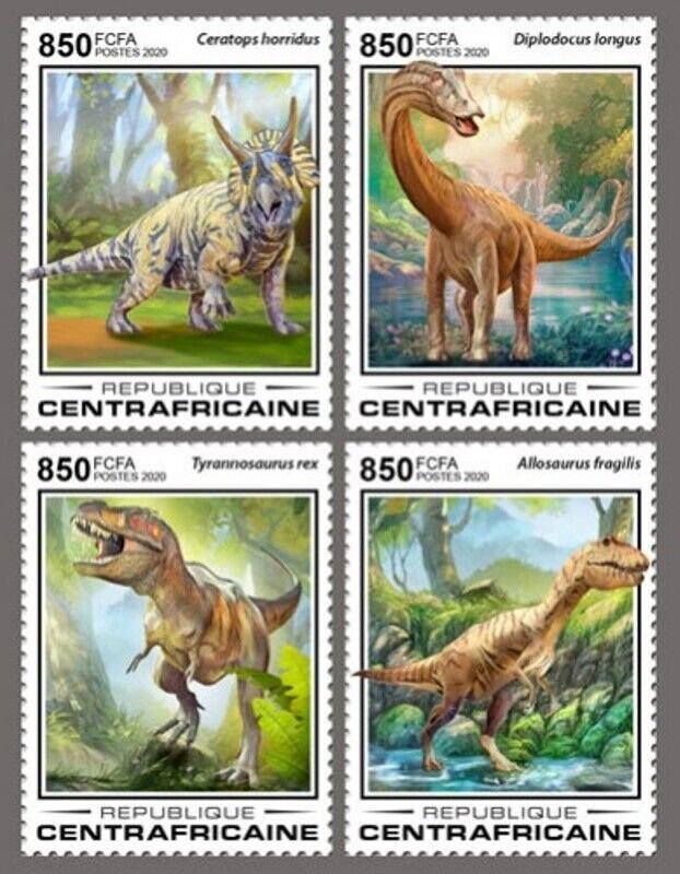 Central Africa - 2020 Dinosaurs on Stamps - 4 Stamp Set - CA200110c