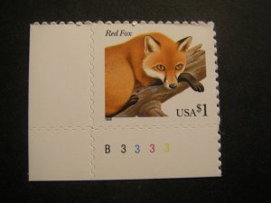 Scott 3036, $1 Fox, Plate number single, #B3333 LL, MNH Single, Flora & Fauna