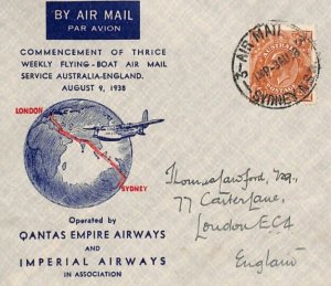 AUSTRALIA Air Mail Cover FLYING BOAT FIRST FLIGHT GB London Sydney 1938 YL7