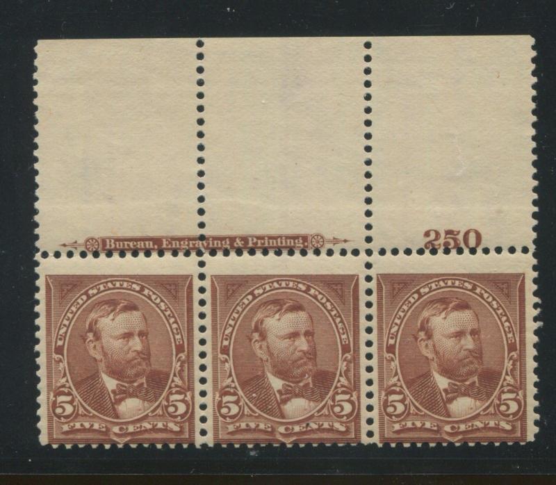 1895 US Stamp #255 5c Mint F/VF Imprint Plate # Strip of 3 Catalogue Value $375