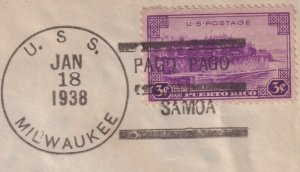 Pago Pago Samoa 1938 Crosby Naval Ship cover via U.S.S. Milwaukee light cruiser