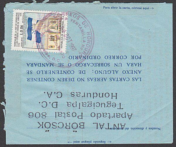 HONDURAS 1997 L0.16 opt on airletter uprated used to New Zealand...........55435