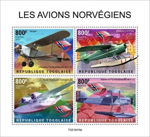 Togo - 2021 Norwegian Planes on Stamps - 4 Stamp Sheet - TG210419a