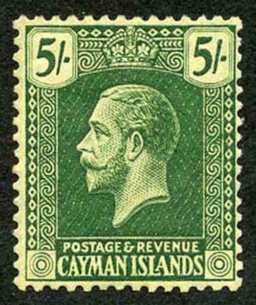 Cayman Is SG64c 5/- Deep green/orange-buff wmk Mult Crown CA m/m