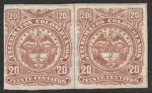 COLOMBIA 1886 20c Arms Telegraph Stamp Imperforate Pair Hisc. No. 15a MH