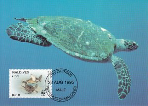 Maldives 1995 Maxicard Sc #2092b 10r Hawksbill turtle WWF