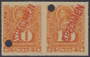CHILE 1878-99 COLUMBUS Sc 29 PAIR PUNCH HOLED & OVPTD SPECIMEN IN RED MNH F,VF 