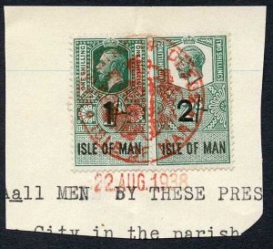 Isle of Man KGV 1/- and 2/- Key Plate Type Revenues CDS on Piece