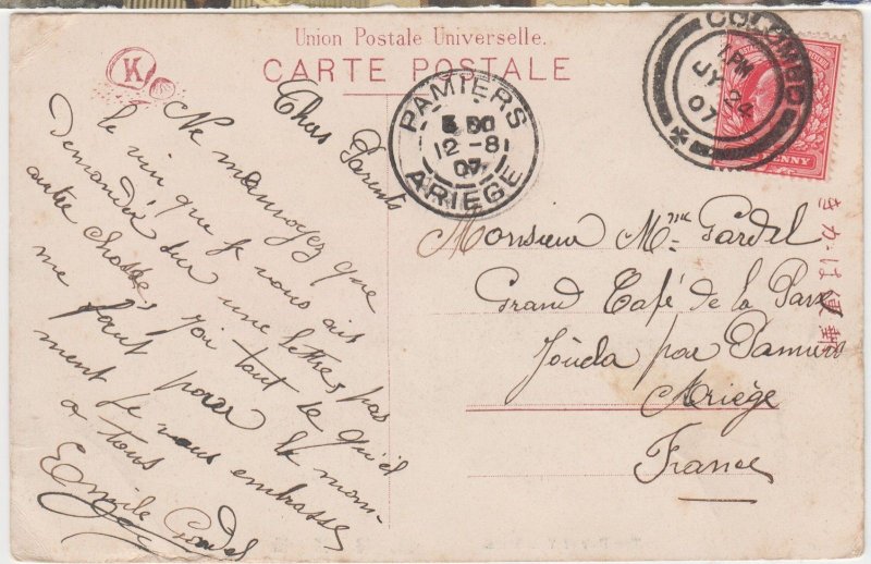 GREAT BRITAIN cover postmark Colombo, Ceylon, 24 July 1907 - Yokohama postcard