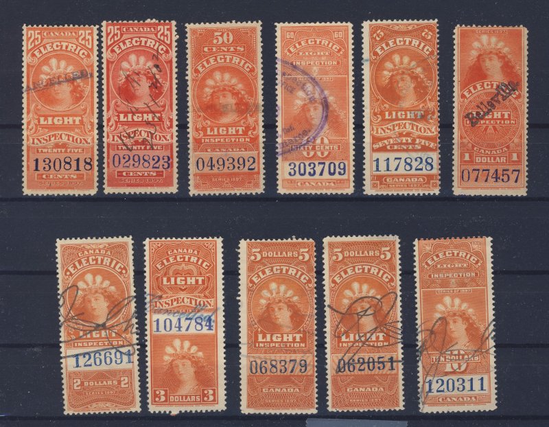 11xCanada Revenue Electric Light Stamps; #FE8 to FE17-$10. Guide Value = $52.50