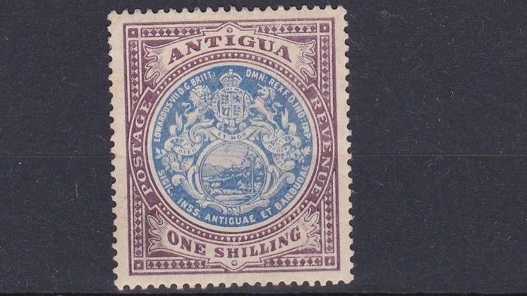 ANTIGUA  1903  S G 37  1/- BLUE & PURPLE  MH CAT £55  LIGHTLY TONED GUM 