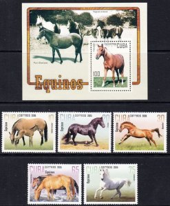 CUBA  Sc# 4519-4524    HORSES    Cpl set of 5 + SS  2005  MNH