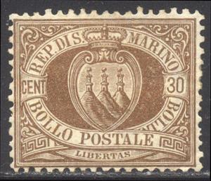 SAN MARINO #15 SCARCE Mint - 1877 30c Brown ($1,000)