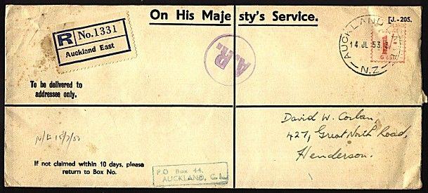 NEW ZEALAND 1953 OHMS Registered AR cover with 1/- meter ex Auckland.......30421