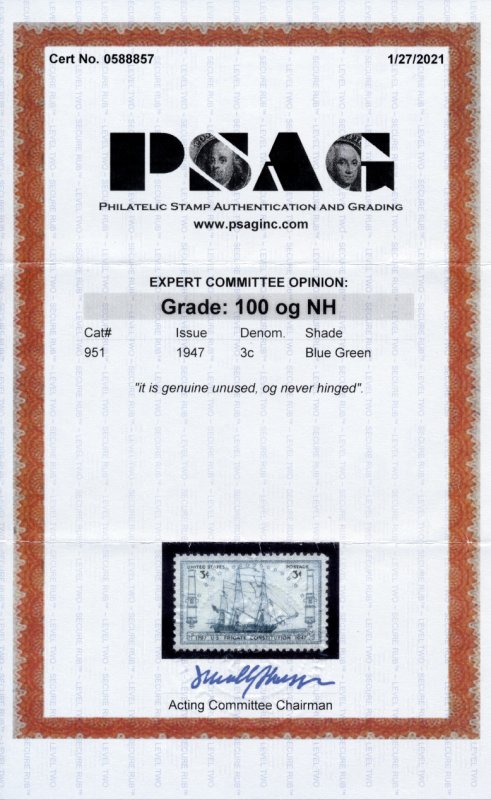 US 951 3c 1947 U.S. Frigate Constitution PSAG grade 100 NH