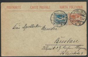 UPPER SILESIA 1920 10pf postal card uprated used ex MYSLOWITZ..............58405