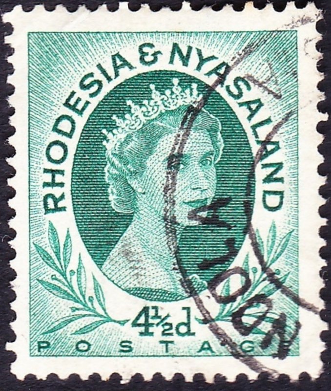 RHODESIA & NYASALAND 1956 EQII 4.5d Blue-Green SG6 FU