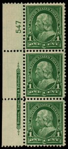 U.S. #279 MNH VF PL# 547 Strip/3