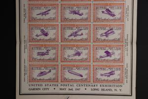 Postal Stamp centenary expo Philatelic Alliance NY club airplane sheet 1947 DM