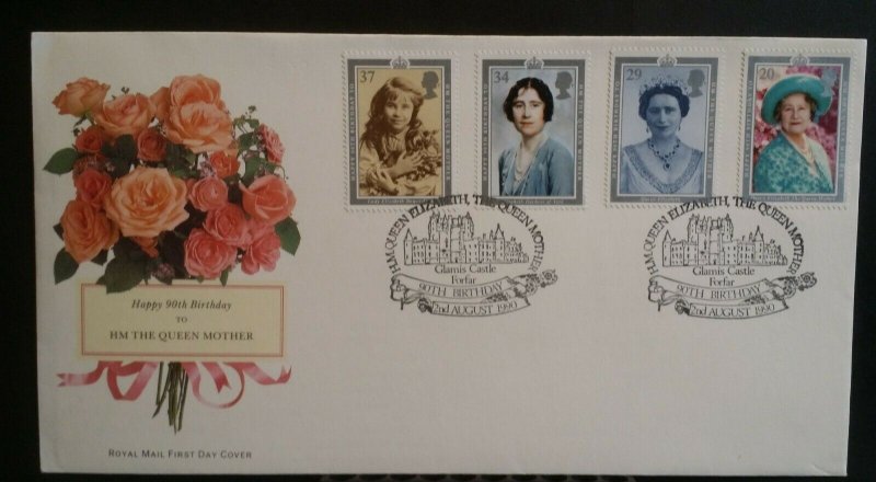 GB 1990 90th Birthday HM Queen Elizabeth Queen Mother  Glamis Forfar Handstamp  