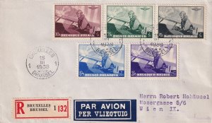 1938: Brussels to Wien,Belgium; FDC, Set of 5 stamps on cover Regis. ... (57629)