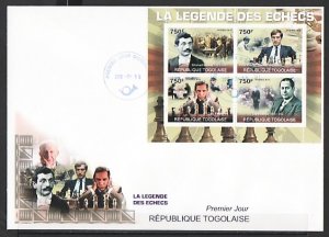 Togo, 2010 issue. Legends of Chess on a sheet of 4. Large First day cover. ^