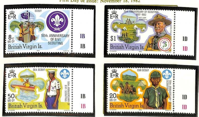 BOY SCOUTS BRITISH VIRGIN ISLANDS SCOTT #438-41 STAMP SET & GUTTER PAIRS VF 1982