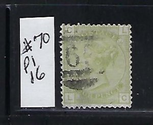 GREAT BRITAIN #70 (PLATE 16) 1876-80 4D (PALE OLIVE GREEN) USED