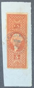 USA 1862-71 FIRST ISSUE REVENUE $5  CONVEYANCE R89 ON PART DOCUMENT 1869 CANCEL.