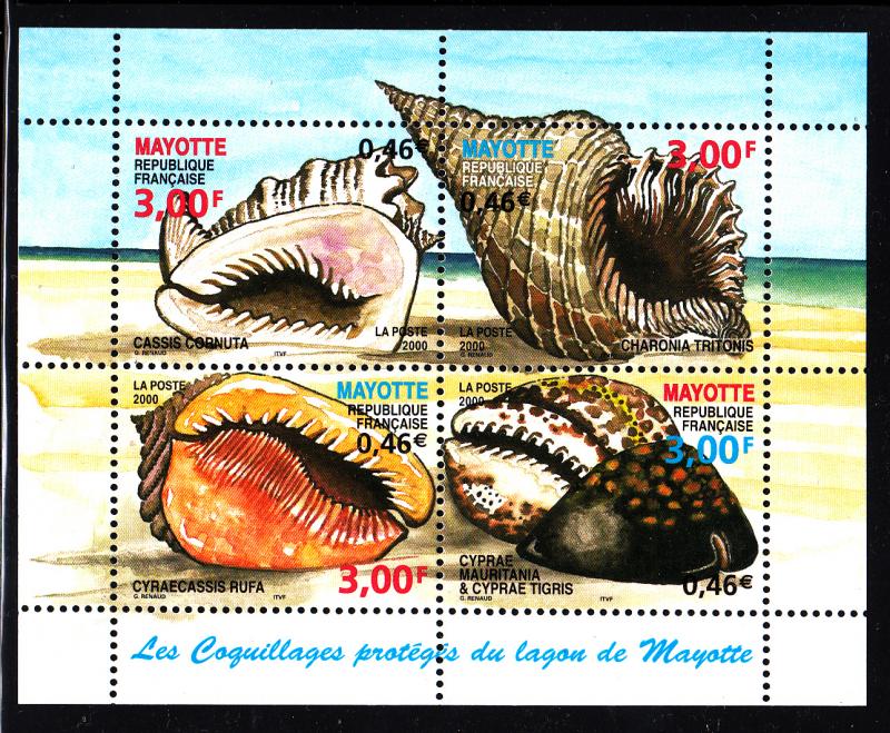 Mayotte MNH Scott #140 Souvenir sheet of 4 3fr Seashells: Cassis cornuta, Cha...