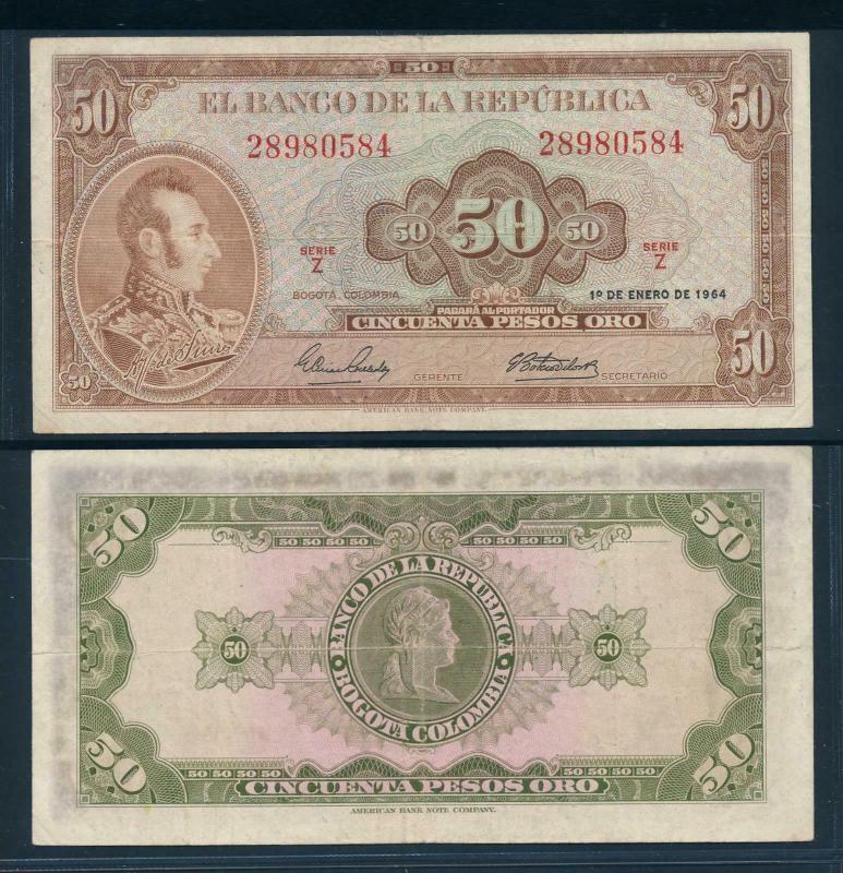 [96308] Colombia 1964 50 Pesos Oro Bank Note F-VF P402b