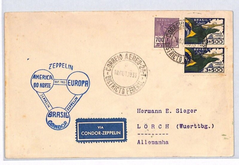 BRAZIL Cover Super ZEPPELIN FLIGHT CACHET Air Mail 1933 Sieger Germany YV175