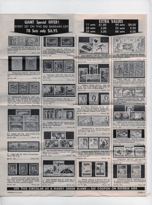 Old  Jamestown Stamp Company stamp add and order blank from the 1950's or 1960's