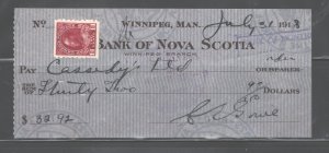 CANADA 1920 BK of N. SCOTIA,WINNEPEG, MANITOBA #127,ON CHEQUE PAY IN Cnd.$$