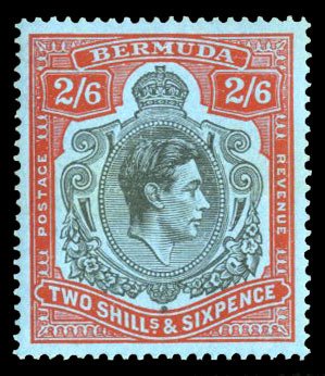 Bermuda #124var (SG 117b) Cat£22, 1938-53 George VI, 2sh6p black and red, ne...