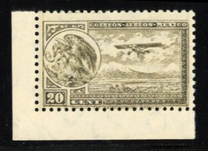 Mexico #C13 Cat$37.50+ (for hinged), 1929 20c brown olive, corner margin sing...