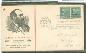 US 825 1938 20c James Garfield (part of the Presidential/Prexy series) on an addressed FDC with a Linprint cachet