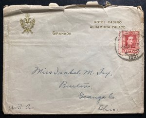 1929 Granada Spain Hotel Casino Alhambra  Cover To Burton OH USA 