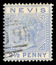 Nevis #25 Cat$27.50, 1882 2 1/2p ultramarine, used