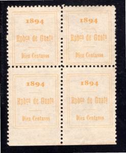 Guatemala Revenue block of 4, MNH, 10 centavos, typographed, unknown printer