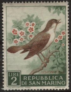 San Marino 447 (mh, toning on back) 2L birds: nightingale (1960)